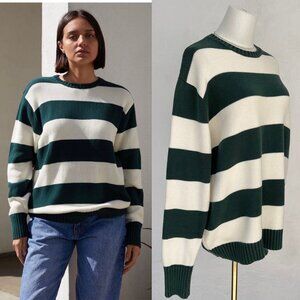 Brandy Melville Brianna Ivory & Green Cotton Thick Striped Oversized Sweater /OS